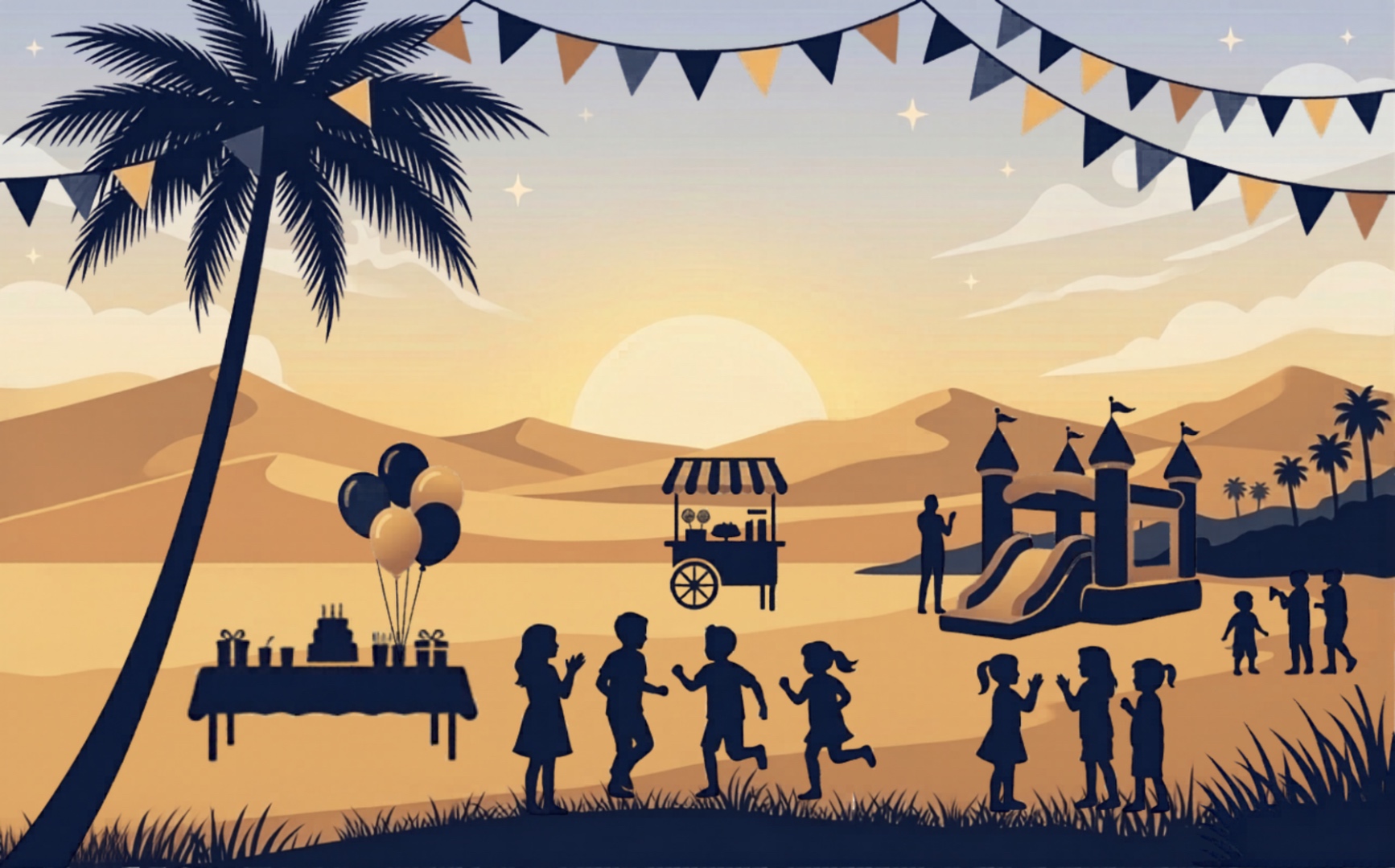 Illustration of children at a sunset birthday party